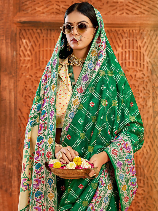 Green Green Bandhani Tussar Silk Printed Saree
