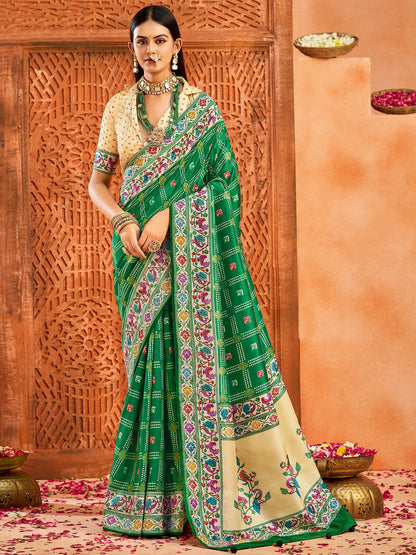 Green Bandhani Tussar Silk Printed Saree