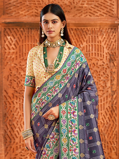 Lavendar Bandhani Tussar Silk Printed Saree