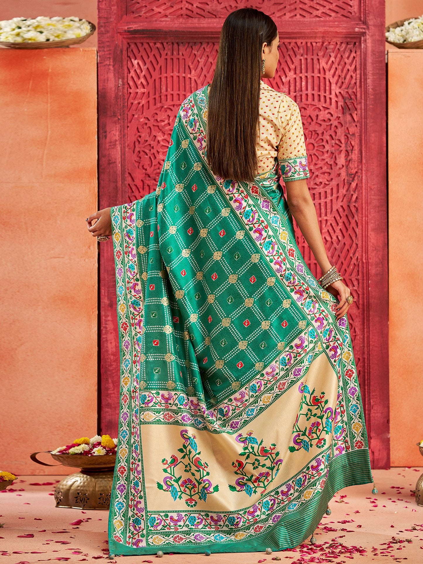 Turquoise Bandhani Tussar Silk Printed Saree