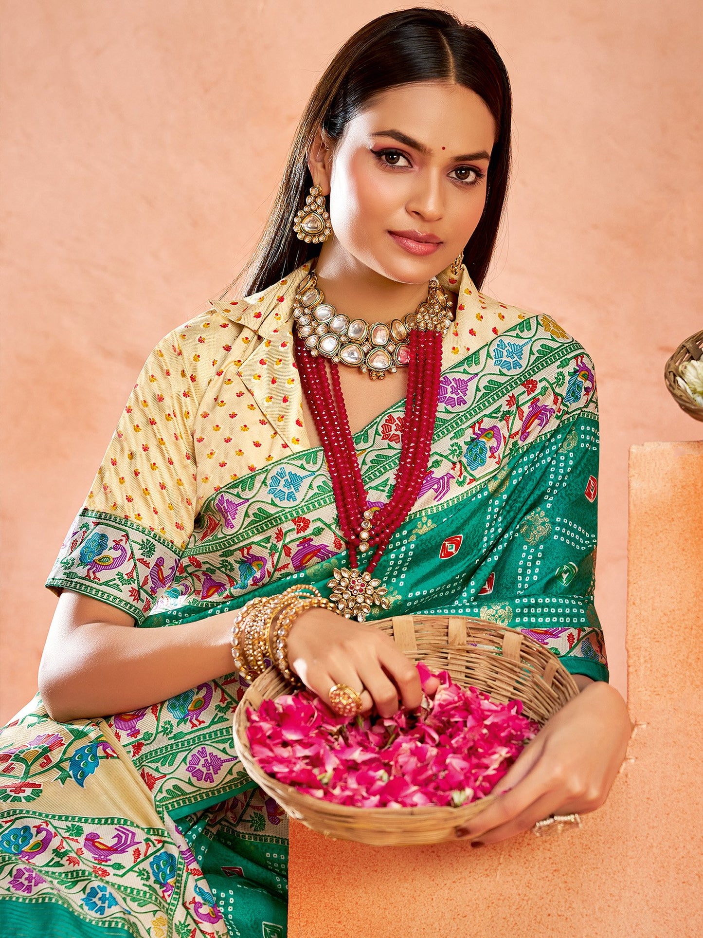 Turquoise Bandhani Tussar Silk Printed Saree
