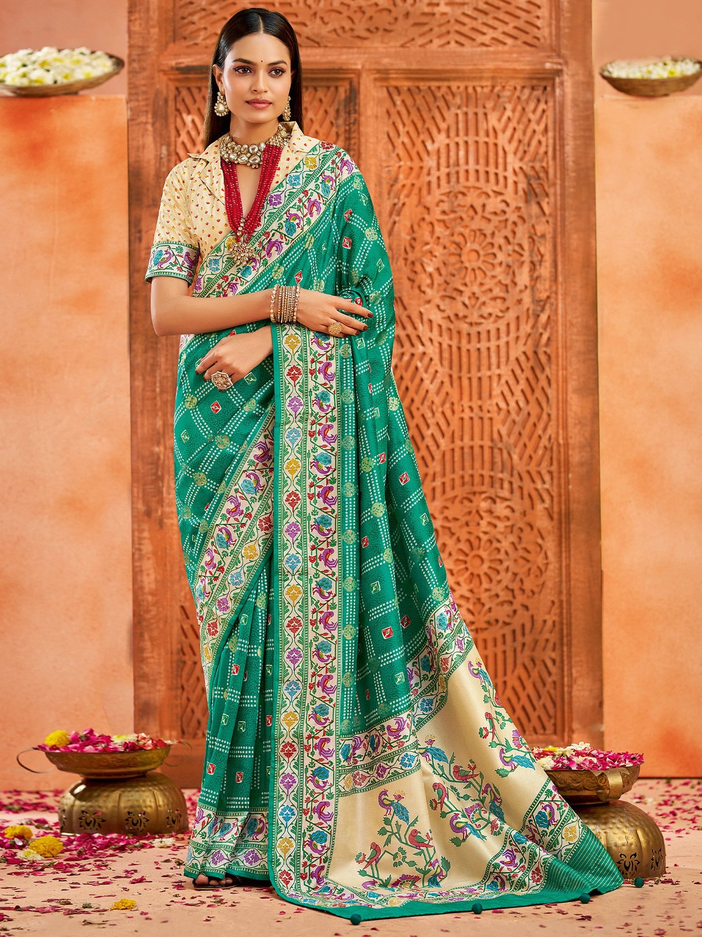 Green Turquoise Bandhani Tussar Silk Printed Saree