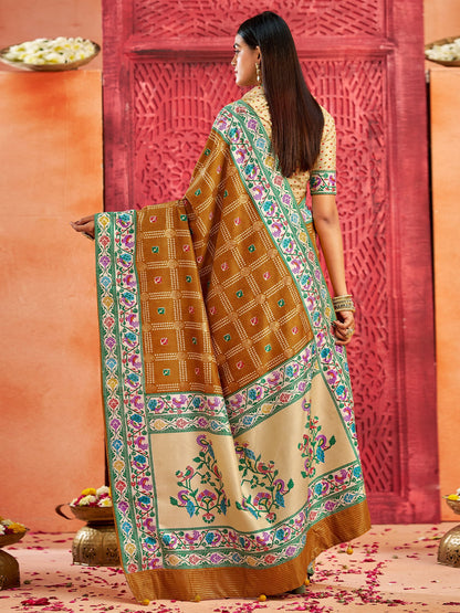 Mustard Bandhani Tussar Silk Printed Saree