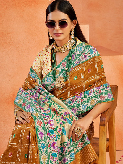 Mustard Bandhani Tussar Silk Printed Saree
