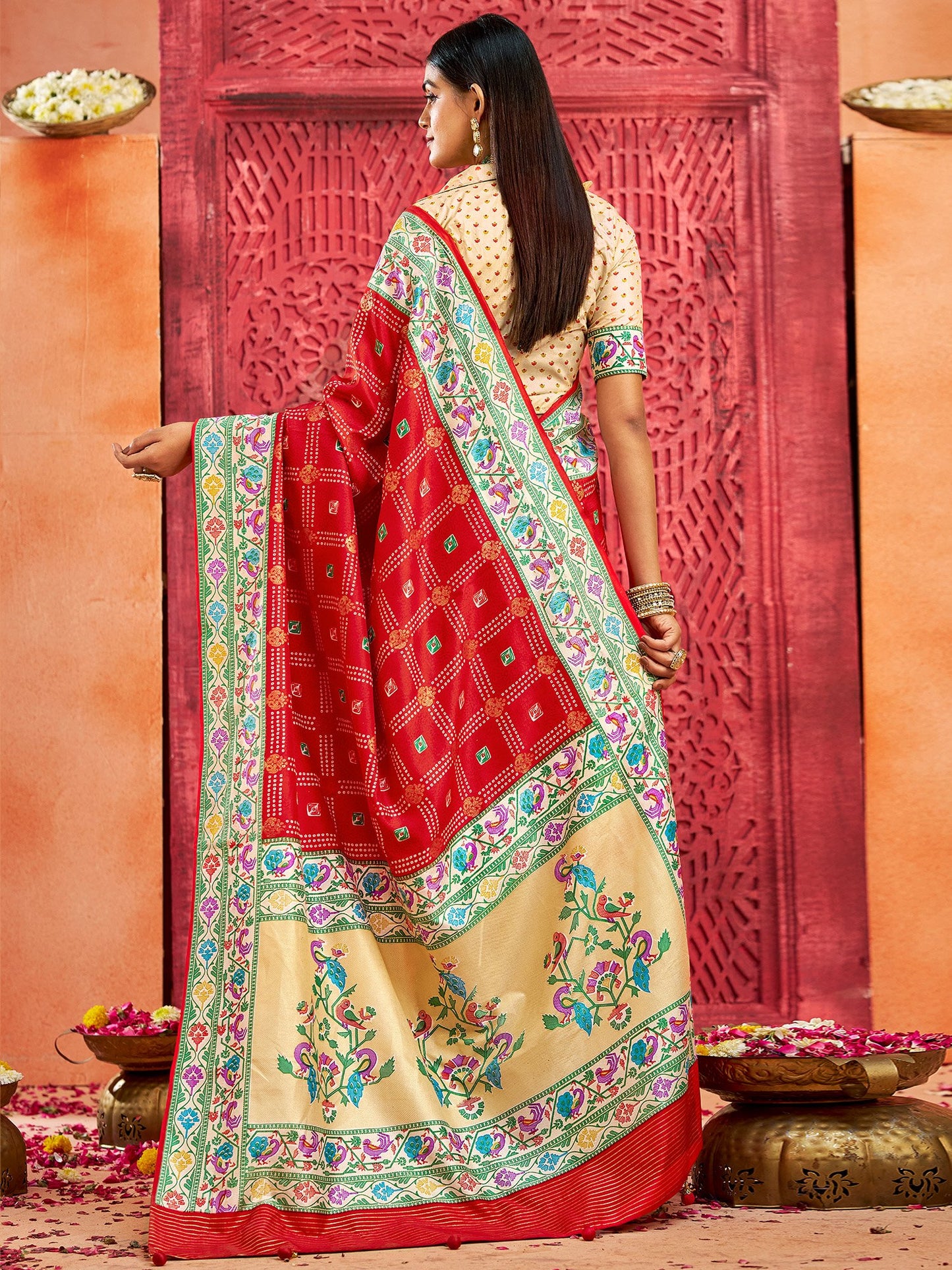 Red Bandhani Tussar Silk Printed Saree