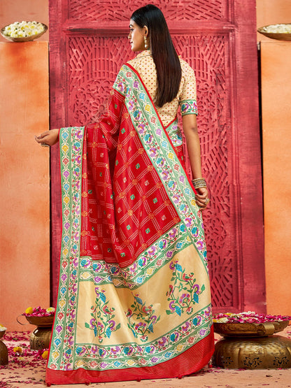 Red Bandhani Tussar Silk Printed Saree
