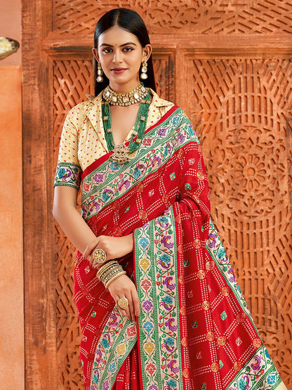 Red Red Bandhani Tussar Silk Printed Saree