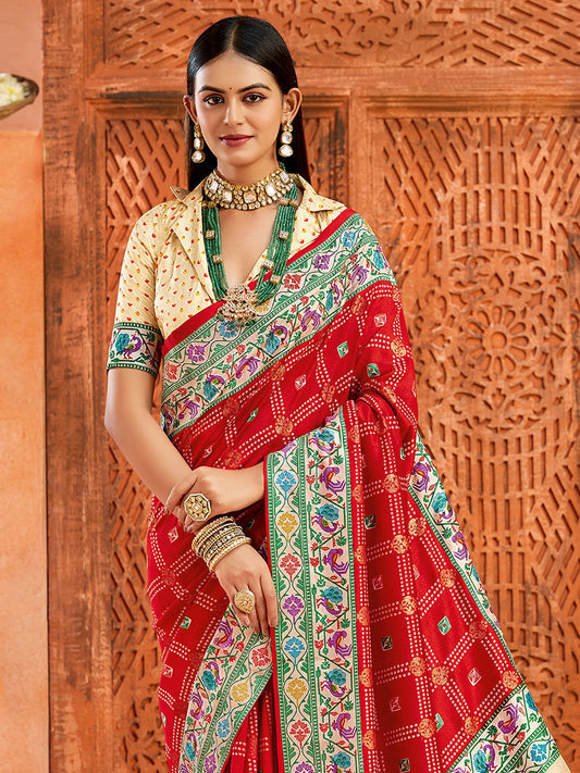 Red Red Bandhani Tussar Silk Printed Saree