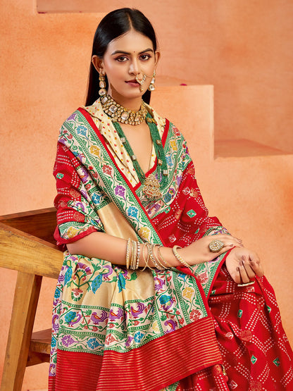 Red Bandhani Tussar Silk Printed Saree