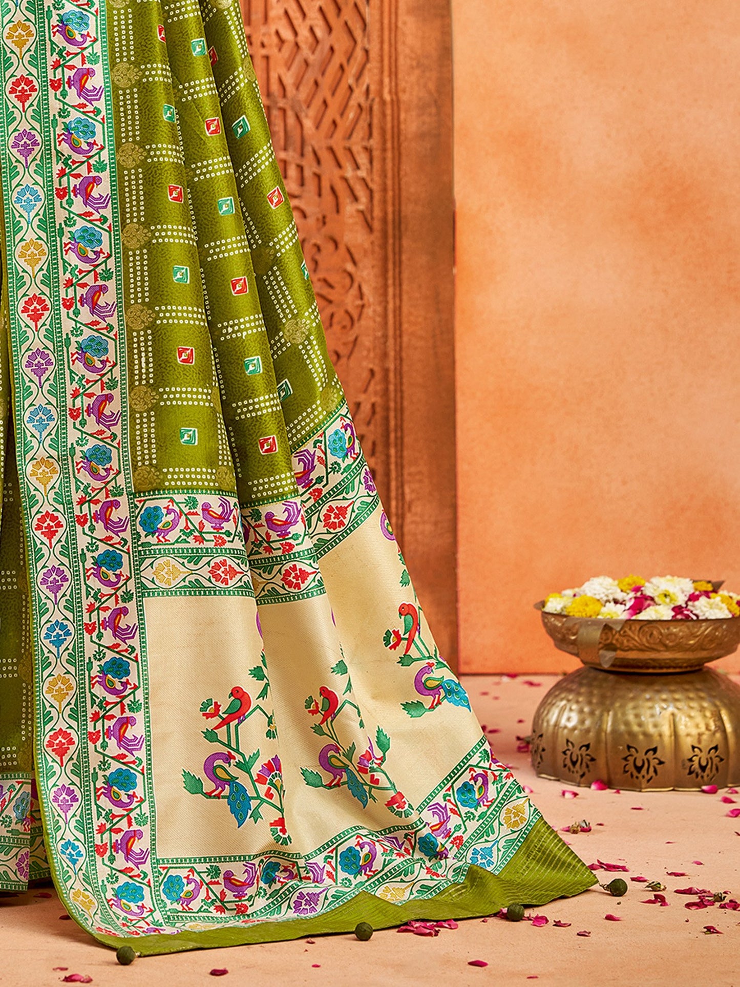 Olive Bandhani Tussar Silk Printed Saree