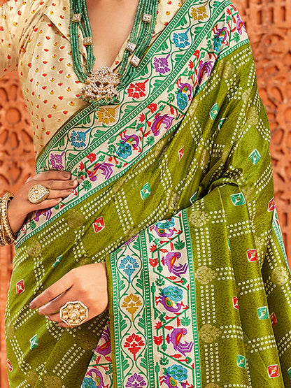 Olive Bandhani Tussar Silk Printed Saree