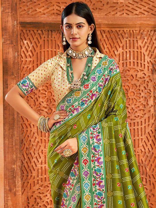 Green Olive Bandhani Tussar Silk Printed Saree