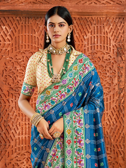 Blue Bandhani Tussar Silk Printed Saree