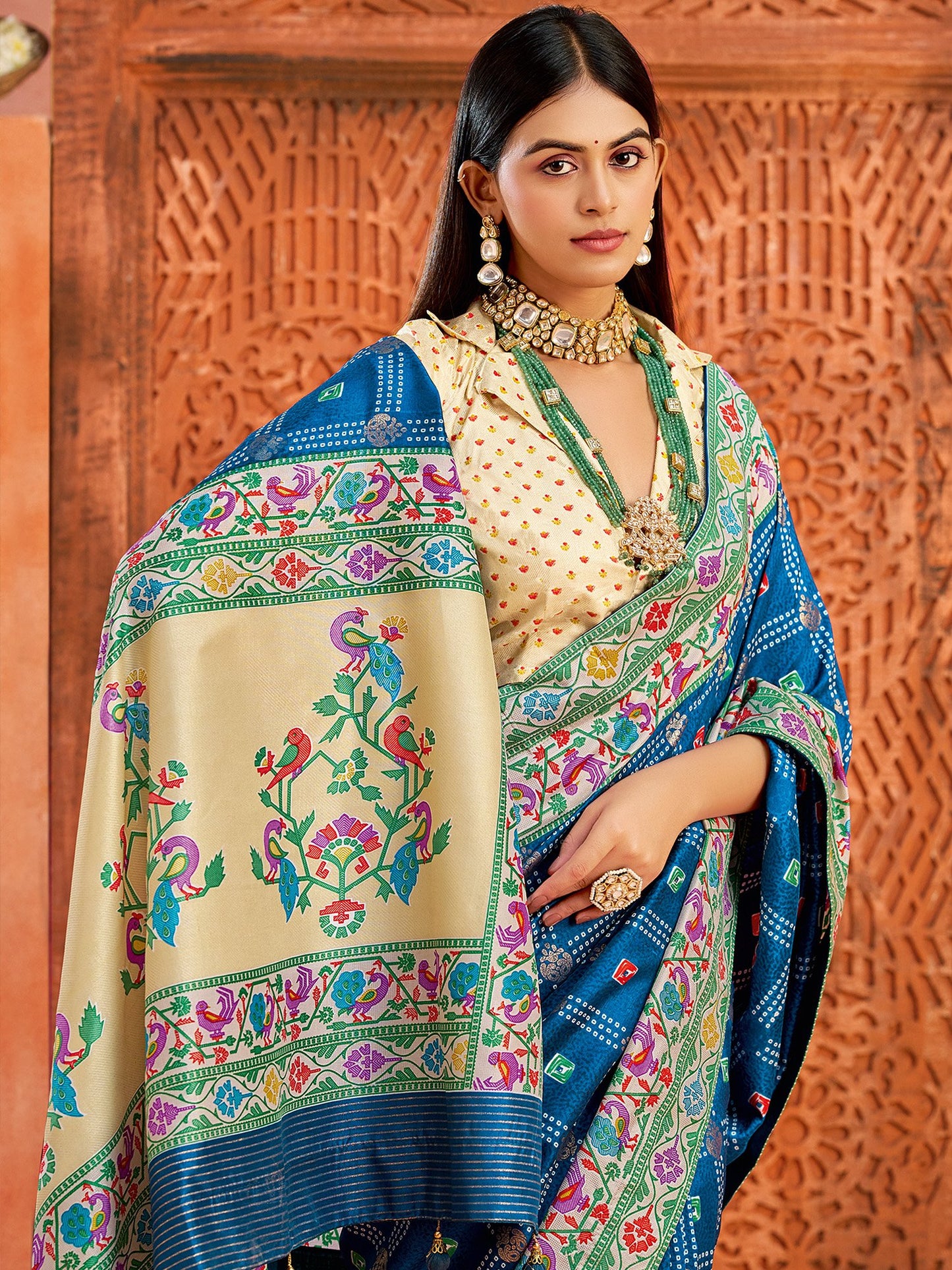 Blue Bandhani Tussar Silk Printed Saree