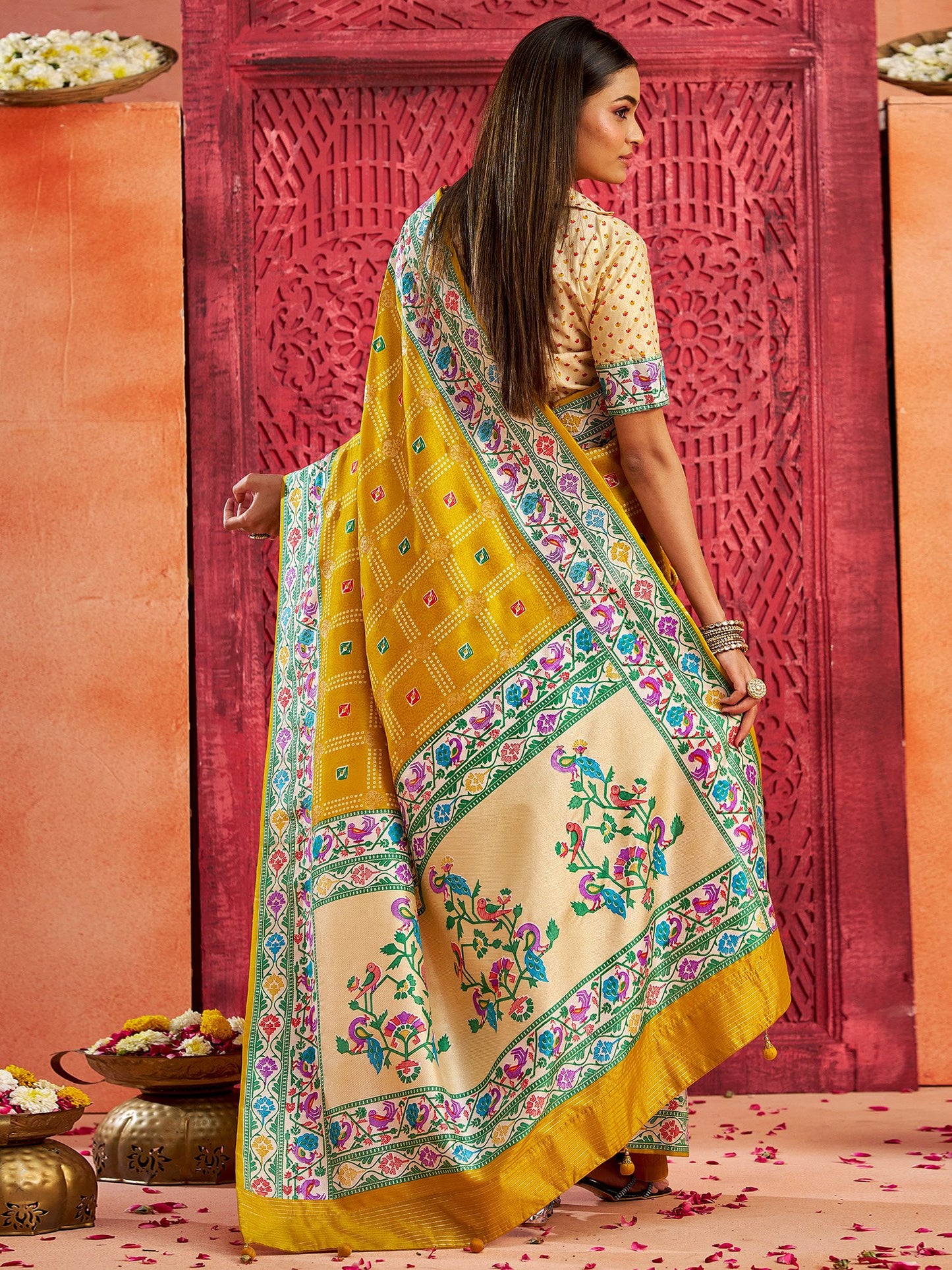 Yellow Bandhani Tussar Silk Printed Saree
