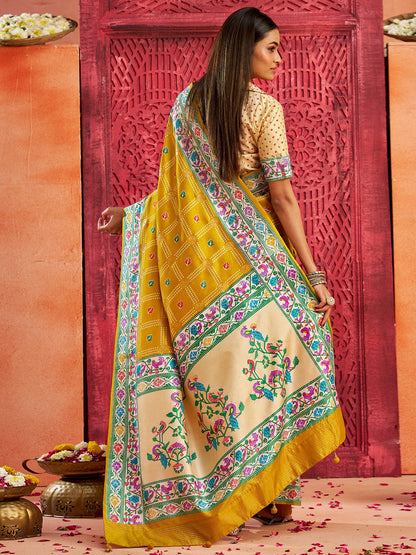 Yellow Bandhani Tussar Silk Printed Saree