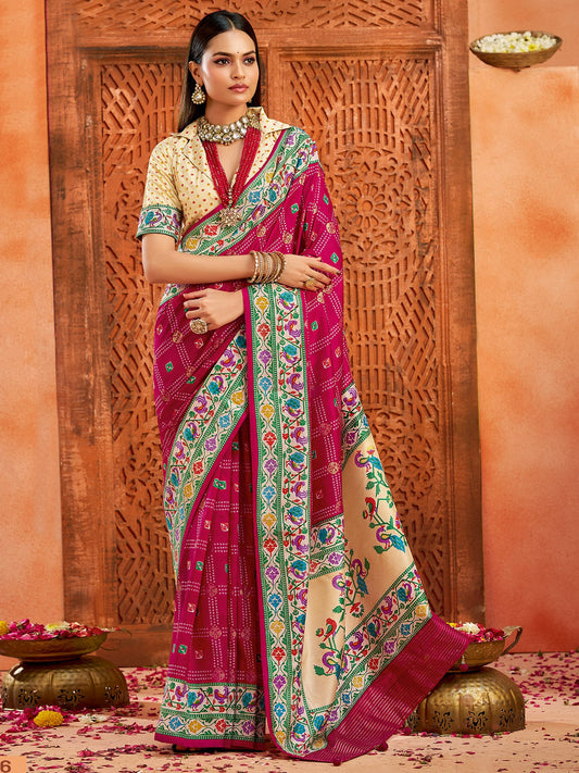 Pink Pink Bandhani Tussar Silk Printed Saree