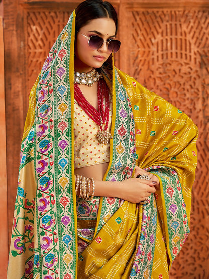 Yellow Yellow Bandhani Tussar Silk Printed Saree