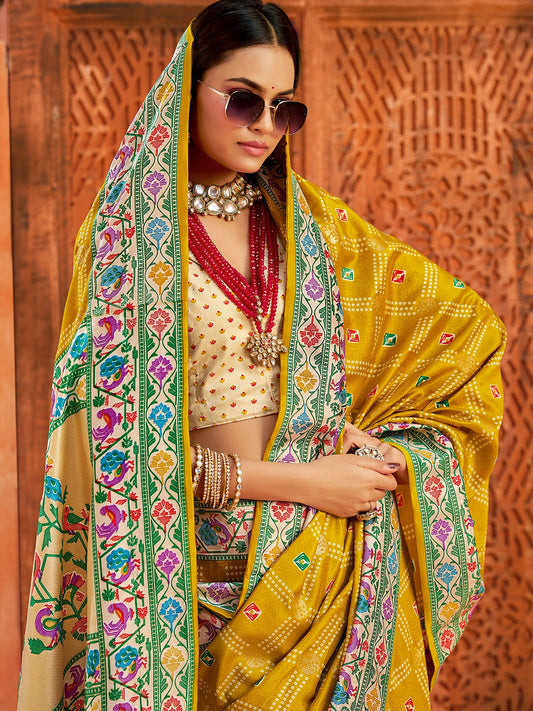 Yellow Yellow Bandhani Tussar Silk Printed Saree