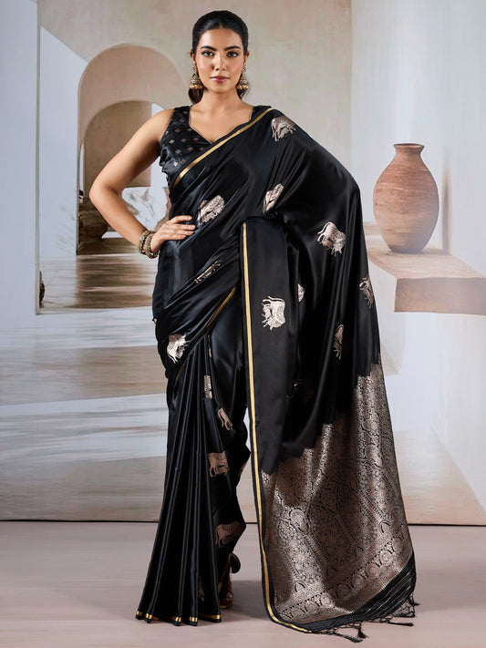 Black Black Banarasi Satin Woven Saree