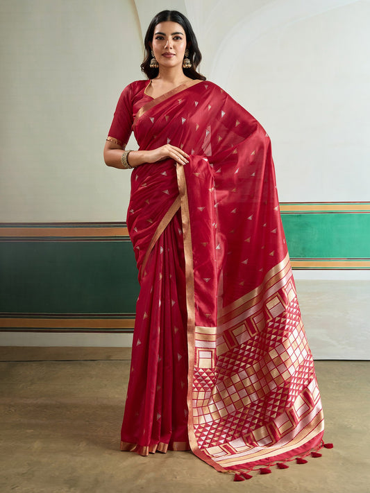 Maroon Maroon Banarasi Tussar Silk Woven Saree