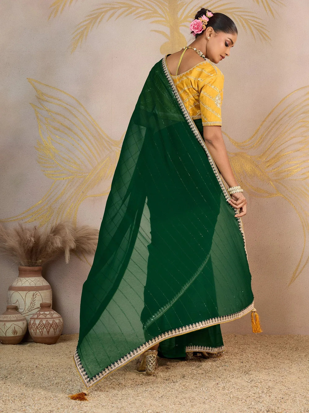 Green Party Wear Georgette Embellished Saree - The Dori Store