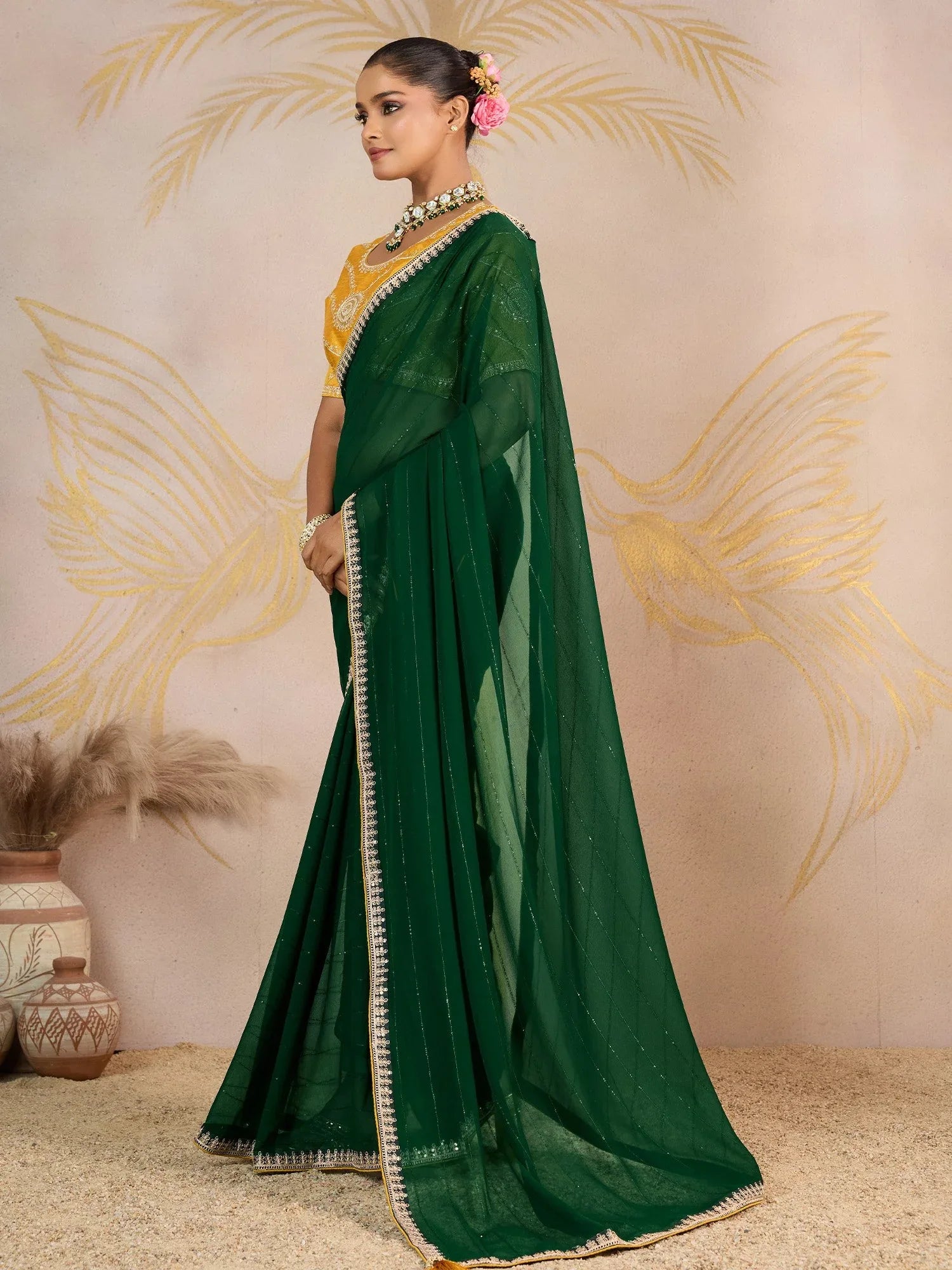 Green Party Wear Georgette Embellished Saree - The Dori Store