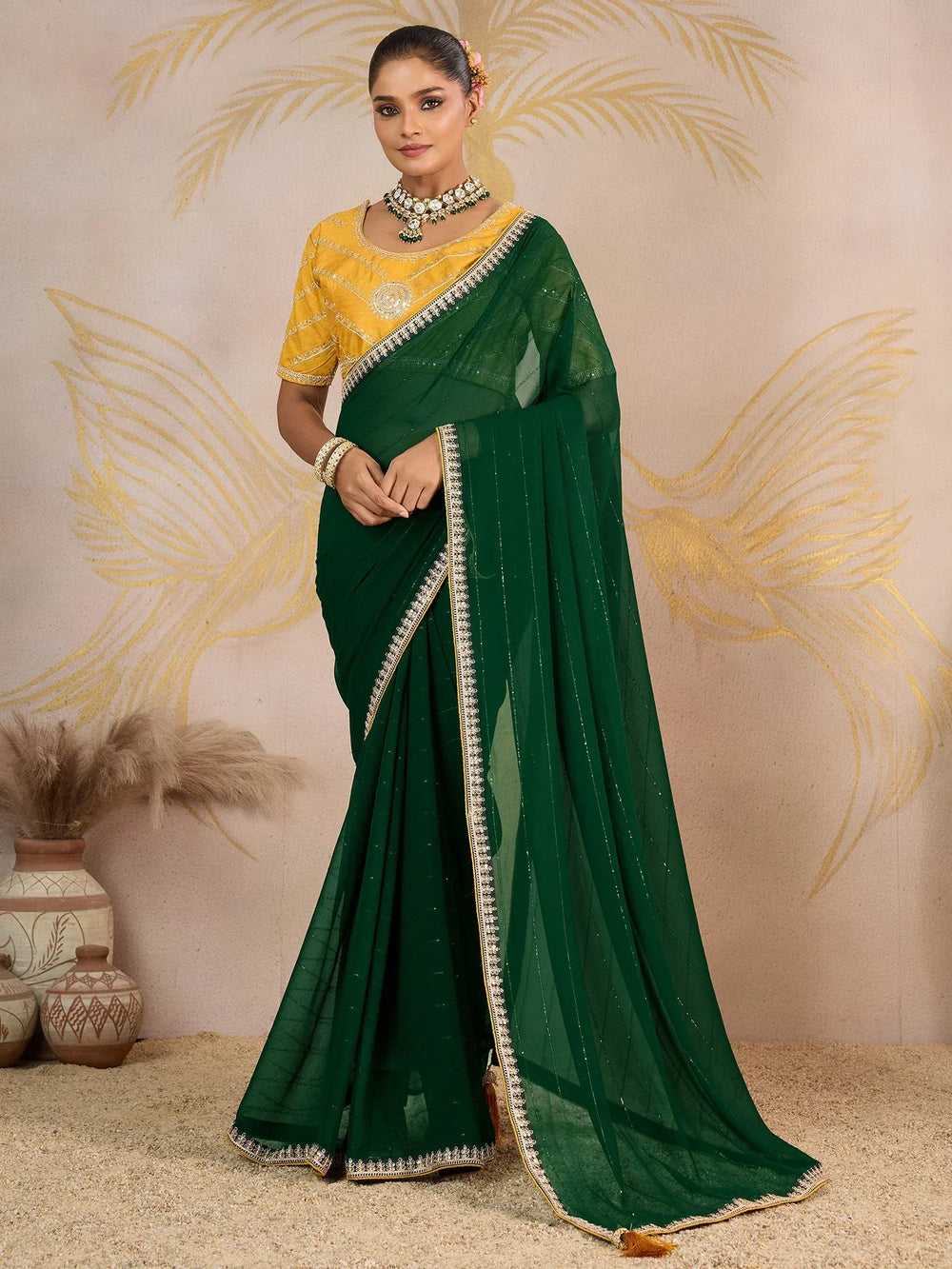 Green Party Wear Georgette Embellished Saree - The Dori Store