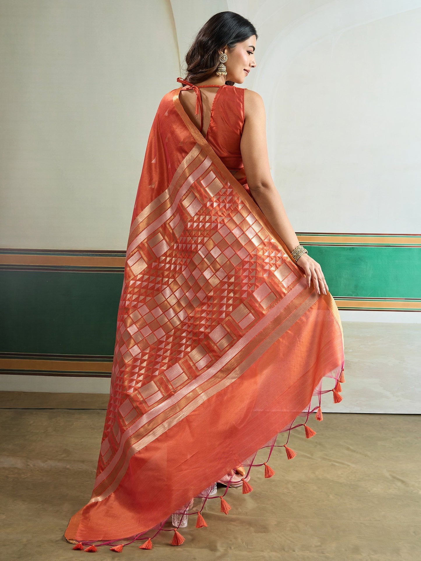 Orange Banarasi Tussar Silk Woven Saree