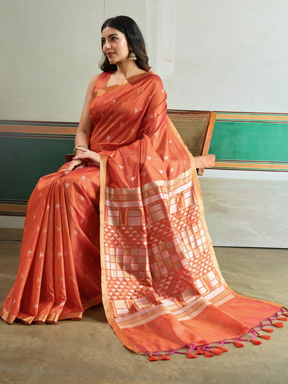Orange Banarasi Tussar Silk Woven Saree