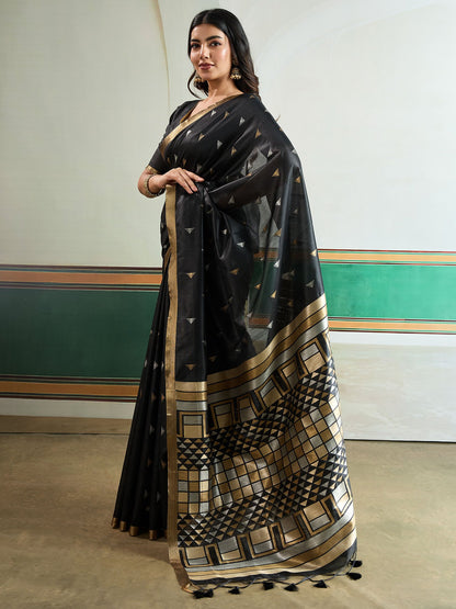 Black Banarasi Tussar Silk Woven Saree