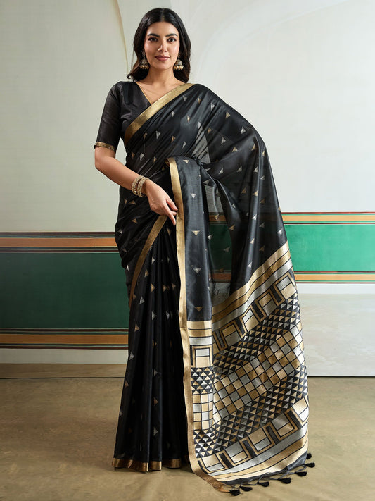 Black Black Banarasi Tussar Silk Woven Saree