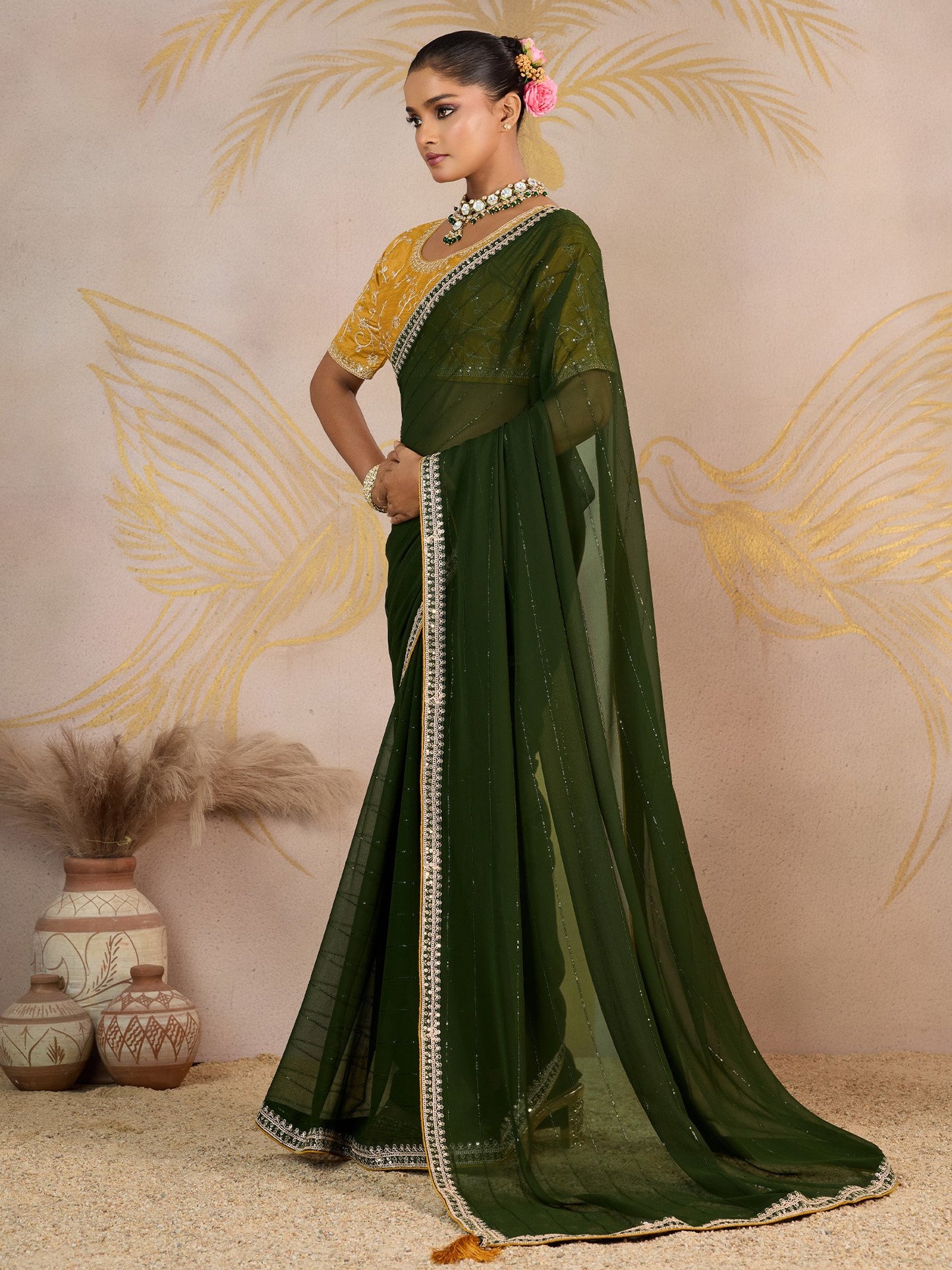 Green Party Wear Georgette Embellished Saree