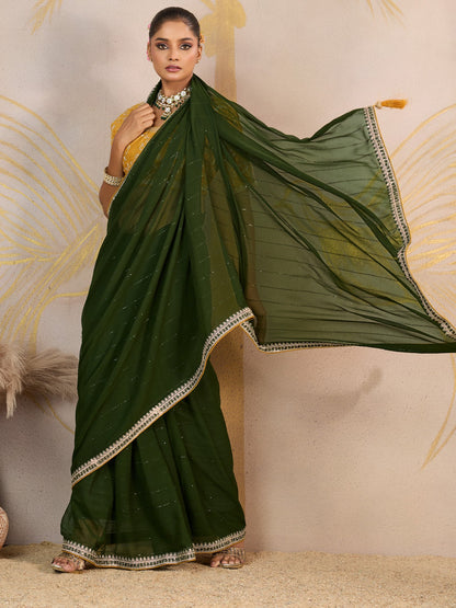 Green Green Party Wear Georgette Embellished Saree