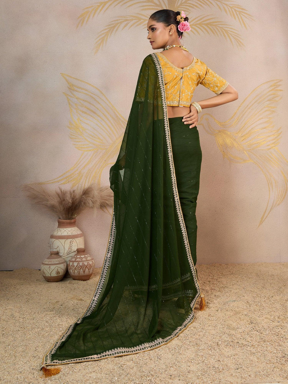 Green Party Wear Georgette Embellished Saree - The Dori Store