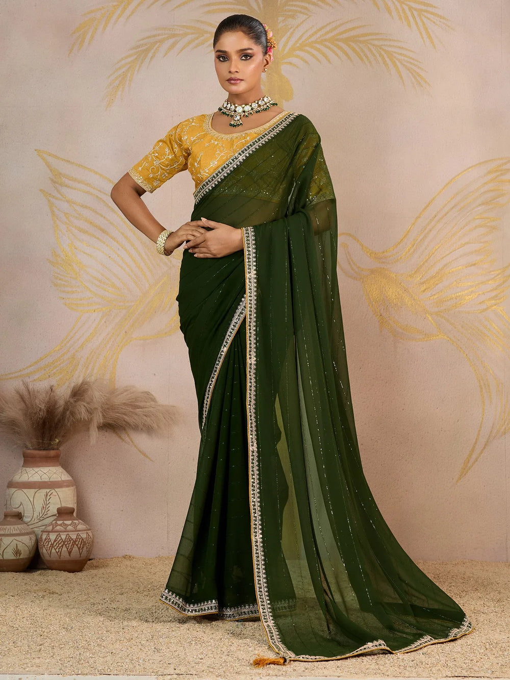 Green Party Wear Georgette Embellished Saree - The Dori Store