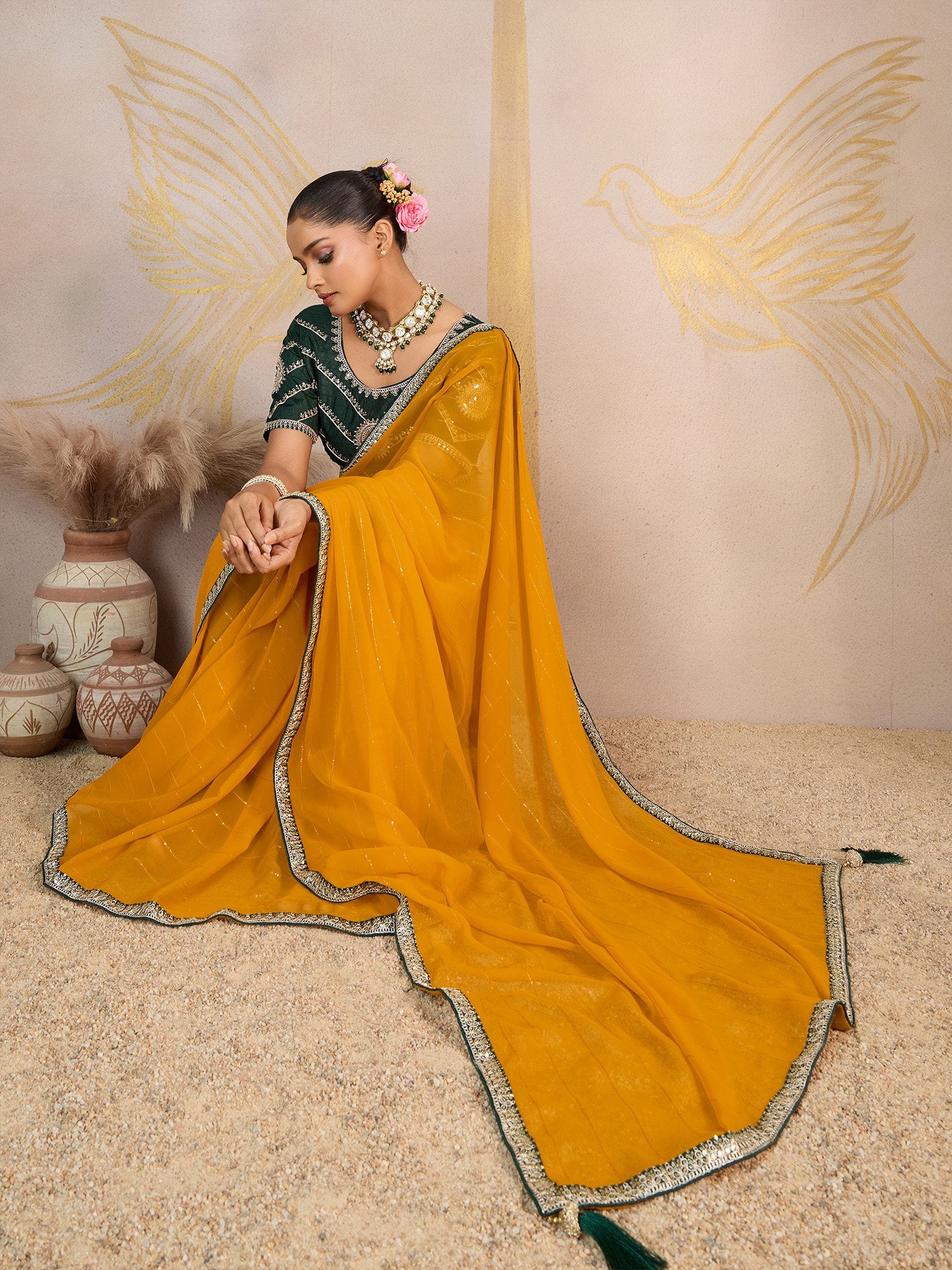 Yellow Party Wear Georgette Embellished Saree