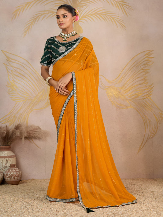 Yellow Yellow Party Wear Georgette Embellished Saree