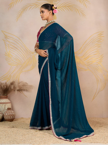 Teal Party Wear Georgette Embellished Saree