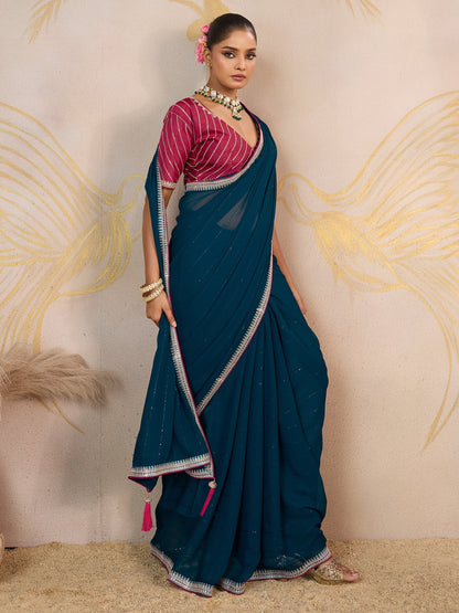 Teal Party Wear Georgette Embellished Saree
