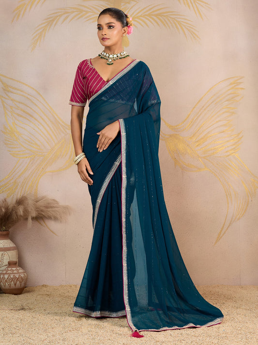Blue Teal Party Wear Georgette Embellished Saree