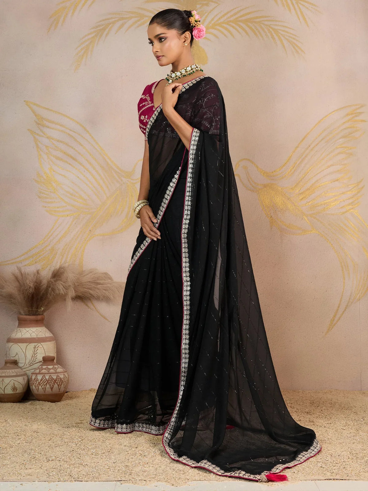 Black Black Party Wear Georgette Embellished Saree