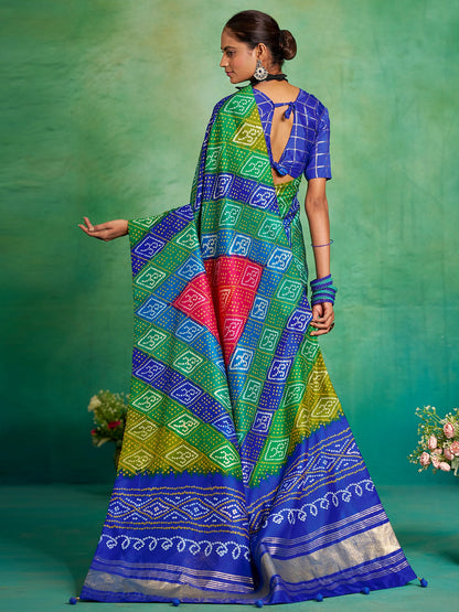 Multicolored Bandhani Tussar Silk Printed Saree