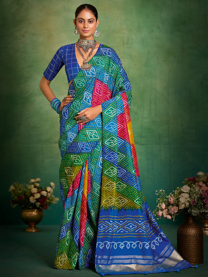 Multicolor Multicolored Bandhani Tussar Silk Printed Saree