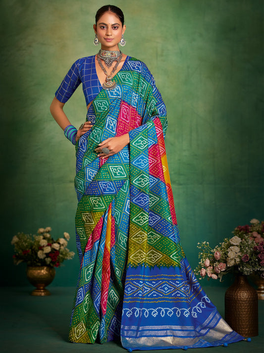 Multicolor Multicolored Bandhani Tussar Silk Printed Saree