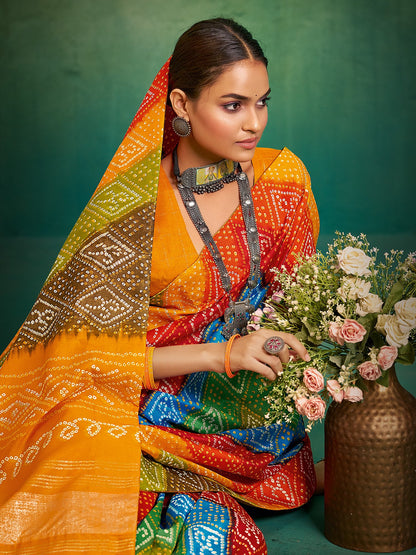Multicolored Bandhani Tussar Silk Printed Saree