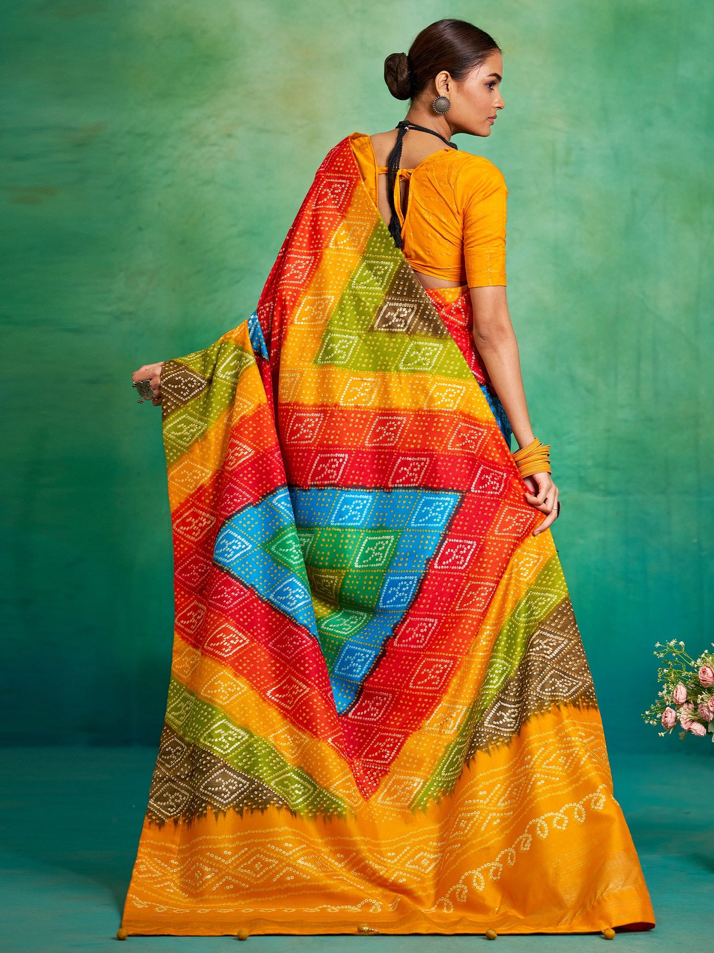 Multicolored Bandhani Tussar Silk Printed Saree