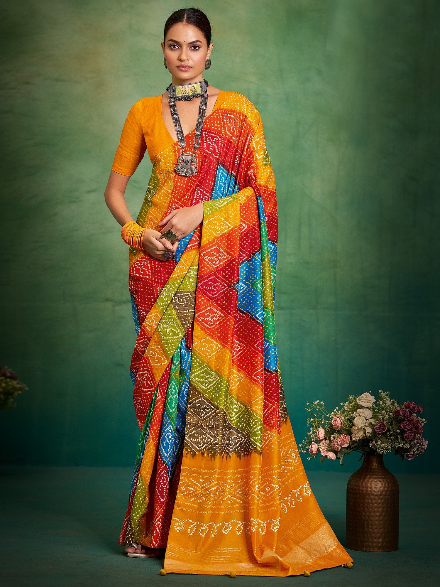 Multicolor Multicolored Bandhani Tussar Silk Printed Saree
