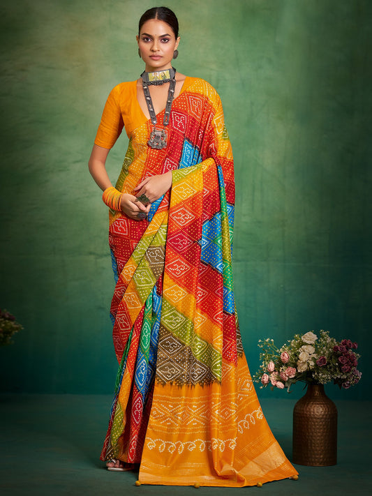 Multicolor Multicolored Bandhani Tussar Silk Printed Saree