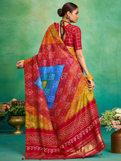 Multicolored Bandhani Tussar Silk Printed Saree